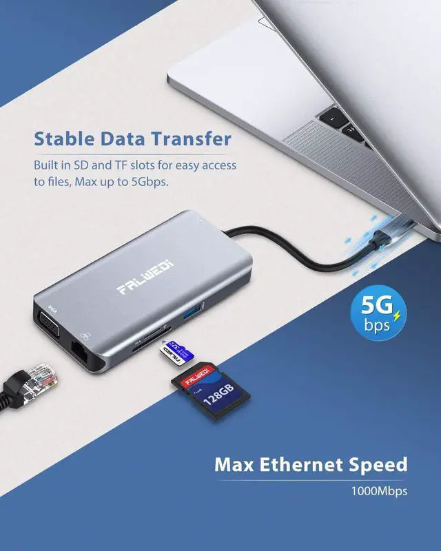 Alt view image 13 of 14 - USB C Hub, Type C Adapter, Falwedi 10-in-1 Dongle with Ethernet, 4K@30Hz HDMI, VGA, 3 USB3.0, SD/TF Card Reader, Audio, USB-C PD 3.0, Compatible for MacBook Air Pro and Other Type C Laptops