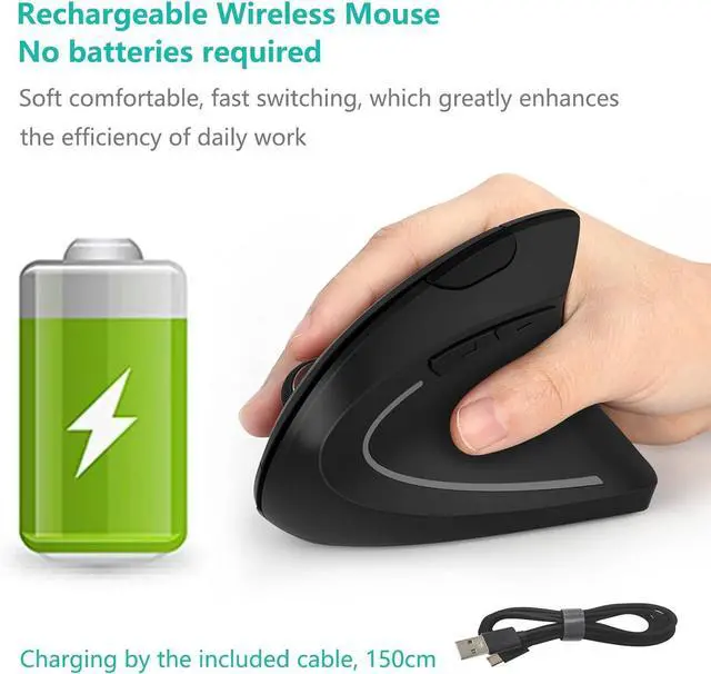 Alt view image 11 of 14 - Ergonomic Mouse Vertical Wireless Mouse - Rechargeable 2.4GHz Optical Vertical Mice : 3 Adjustable DPI 800/1200/1600 Levels 6 Buttons for Laptop PC Computer Desktop Notebook etc Black
