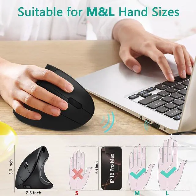 Alt view image 9 of 14 - Ergonomic Mouse Vertical Wireless Mouse - Rechargeable 2.4GHz Optical Vertical Mice : 3 Adjustable DPI 800/1200/1600 Levels 6 Buttons for Laptop PC Computer Desktop Notebook etc Black