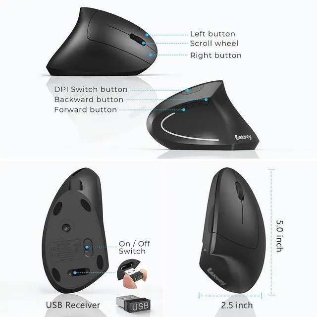 Alt view image 13 of 14 - Ergonomic Mouse Vertical Wireless Mouse - Rechargeable 2.4GHz Optical Vertical Mice : 3 Adjustable DPI 800/1200/1600 Levels 6 Buttons for Laptop PC Computer Desktop Notebook etc Black