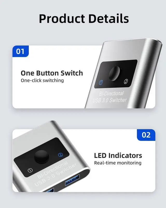 Alt view image 11 of 14 - USB 3.0 Switch Selector, Bi-Directional USB Switch 2 in 1 Out / 1 in 2 Out, Aluminum USB Switcher 2 Computers Share 1 Device for Printer, Keyboard, USB Sharing Switch with 2 USB 3.0 Cables(4.9ft)