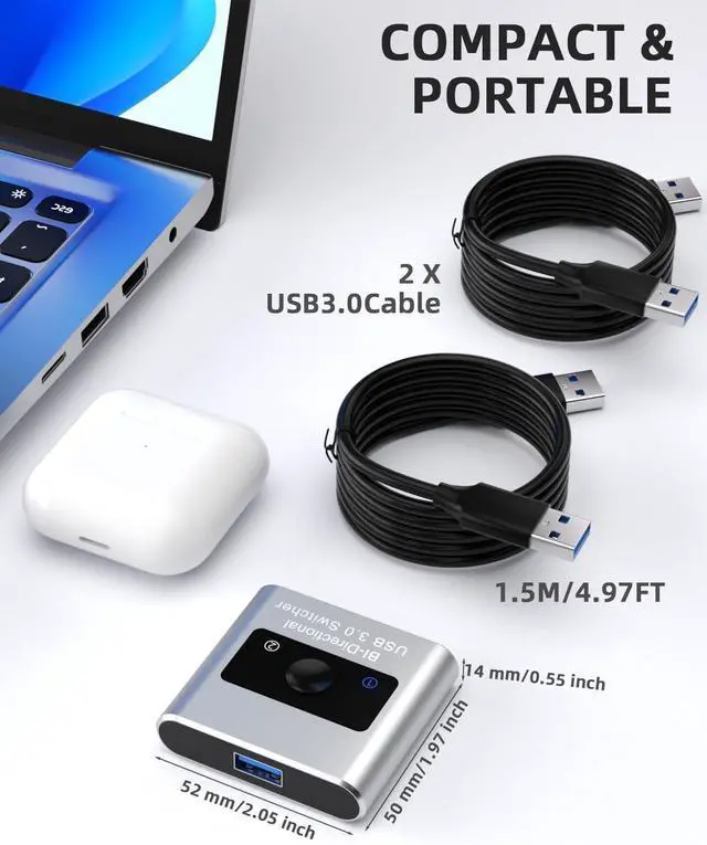Alt view image 12 of 14 - USB 3.0 Switch Selector, Bi-Directional USB Switch 2 in 1 Out / 1 in 2 Out, Aluminum USB Switcher 2 Computers Share 1 Device for Printer, Keyboard, USB Sharing Switch with 2 USB 3.0 Cables(4.9ft)