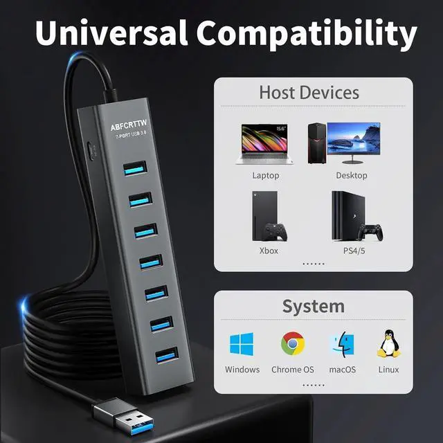 Alt view image 14 of 14 - 4Ft 7-Port USB 3.0 Hub for Desktop - Aluminium USB Extender Hub 5Gbps USB Multiport Adapter USB Splitter USB Hub Long Cable for Desktop PC Flash Drive Mobile HDD Windows/XPS 1.2m