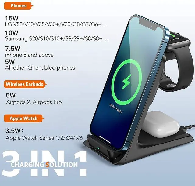 Alt view image 11 of 14 - Wireless Charger, 3 in 1 15W Wireless Charger Stand Compatible with iPhone 12/12Pro/11/11Pro/Max/XR/XS Max/X iWatch 6/SE/5/4/3/2/1/AirPods, Samsung Galaxy S21/S20/S20+/S10