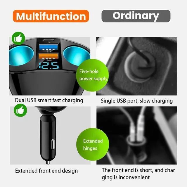 Alt view image 8 of 12 - Cigarette Lighter Splitter USB 2.4A & QC3.0 Type C with 2 Socket Cigarette Lighter Adapter 12V/24V 120W Car Charger Splitter for GPS Dash Cam Laptop Cell Phone iPhone 14/13/12/11 (A+C 66W)