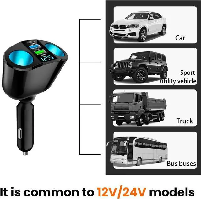 Alt view image 12 of 12 - Cigarette Lighter Splitter USB 2.4A & QC3.0 Type C with 2 Socket Cigarette Lighter Adapter 12V/24V 120W Car Charger Splitter for GPS Dash Cam Laptop Cell Phone iPhone 14/13/12/11 (A+C 66W)