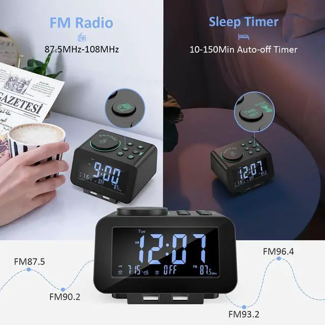 Alt view image 9 of 10 - uscce Digital Dual Alarm Clock Radio - 0-100% Dimmer with Weekday/Weekend Mode, 6 Sounds Adjustable Volume, FM Radio w/Sleep Timer, Snooze, 2 USB Charging Ports, Thermometer, Battery Backup