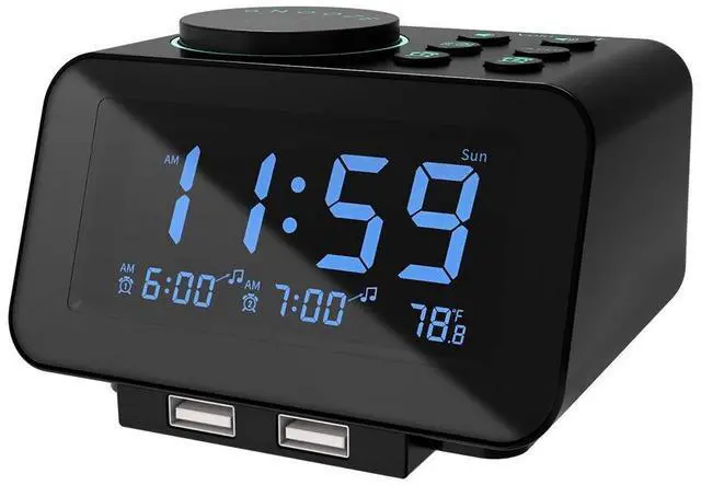 Alt view image 6 of 10 - uscce Digital Dual Alarm Clock Radio - 0-100% Dimmer with Weekday/Weekend Mode, 6 Sounds Adjustable Volume, FM Radio w/Sleep Timer, Snooze, 2 USB Charging Ports, Thermometer, Battery Backup