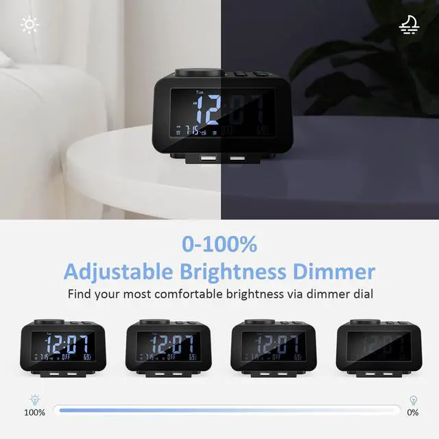 Alt view image 7 of 10 - uscce Digital Dual Alarm Clock Radio - 0-100% Dimmer with Weekday/Weekend Mode, 6 Sounds Adjustable Volume, FM Radio w/Sleep Timer, Snooze, 2 USB Charging Ports, Thermometer, Battery Backup