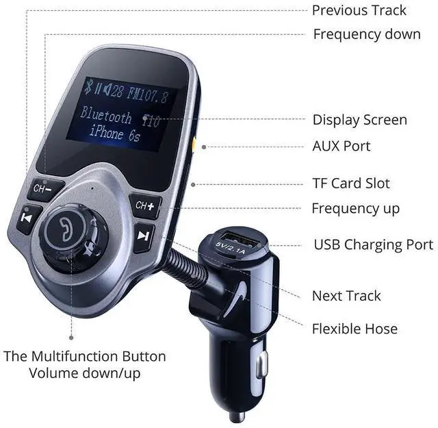Alt view image 14 of 14 - Wireless Bluetooth FM Transmitter& USB Car Charger 1.44 Inch Screen Supports Display Car Battery Voltage, Song Names, Incoming Phone Number
