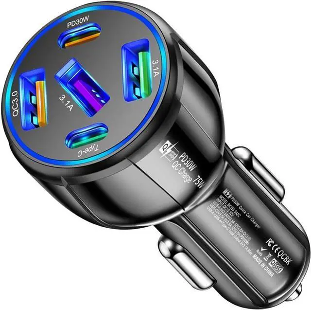 Alt view image 8 of 14 - 5 in 1 Car Charger Adapter,75W High Power Cigarette Lighter Adapter,QC3.0/PD Super Fast Charging Car Phone Charger Compatible with iPhone 14 13,iPad Pro& More Mobil Phone (3USB/2PD Black)