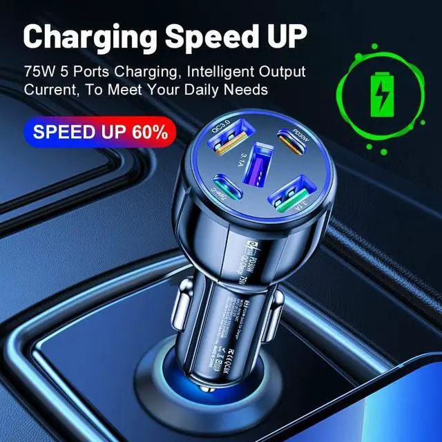 Alt view image 10 of 14 - 5 in 1 Car Charger Adapter,75W High Power Cigarette Lighter Adapter,QC3.0/PD Super Fast Charging Car Phone Charger Compatible with iPhone 14 13,iPad Pro& More Mobil Phone (3USB/2PD Black)
