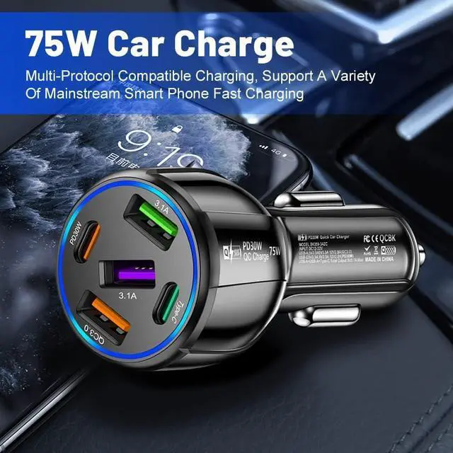 Alt view image 11 of 14 - 5 in 1 Car Charger Adapter,75W High Power Cigarette Lighter Adapter,QC3.0/PD Super Fast Charging Car Phone Charger Compatible with iPhone 14 13,iPad Pro& More Mobil Phone (3USB/2PD Black)