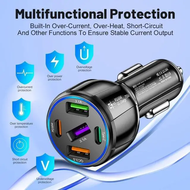 Alt view image 12 of 14 - 5 in 1 Car Charger Adapter,75W High Power Cigarette Lighter Adapter,QC3.0/PD Super Fast Charging Car Phone Charger Compatible with iPhone 14 13,iPad Pro& More Mobil Phone (3USB/2PD Black)