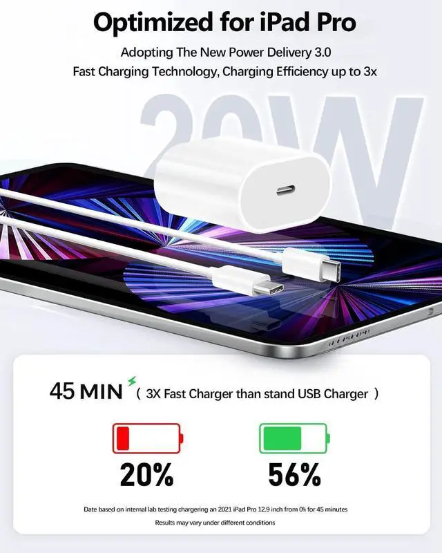 Alt view image 10 of 14 - 20W USB C Fast Charger for iPhone 15/15 Pro Max, iPad Pro 12.9/11 inch, iPad Air 5/4th, iPad 10th Gen, iPad Mini, with 6.6ft USB C to C Charging Cable