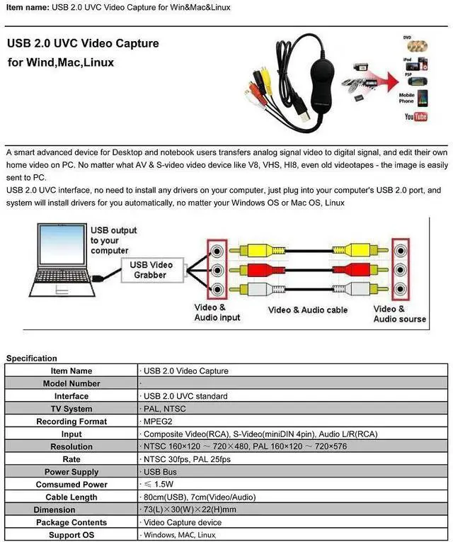 Alt view image 8 of 12 - Ezcap158 USB Audio Video Recording Card UVC Video Capture Convert Analog Video Audio to Digital format for XBOX VHS PS3