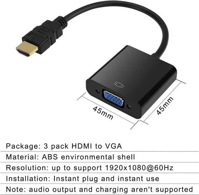 Alt view image 14 of 14 - HDMI to VGA Gold-Plated HDMI to VGA Adapter (Male to Female) for Computer Desktop Laptop PC Monitor Projector HDTV Chromebook Raspberry Pi Roku Xbox and More - Black3 Pack