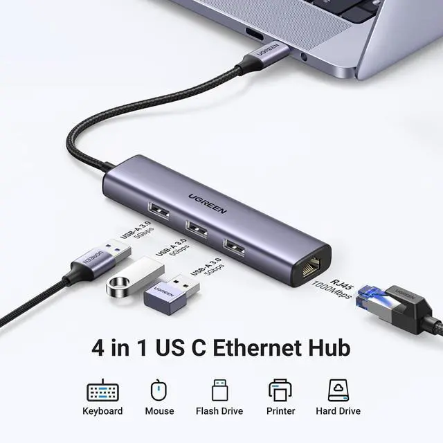 Alt view image 9 of 14 - UGREEN USB C to Ethernet Adapter, 4 in 1 USB C Hub Ethernet with 3 USB 3.0 Ports/Gigabit Rj45, Plug & Play, Thunderbolt (3/4) to Network Adapter for MacBook Pro/Air, XPS, iPad Pro, iPhone 15 Pro/Max
