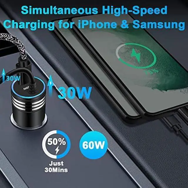Alt view image 9 of 14 - Android USB C Samsung Super Fast Car Charger for Samsung Galaxy S23 Ultra/S23/A05S/A05/A14 5G/A54/S22/S21 fe/S20/A53 5G/A13/A03S/A32, 60W Fast Car Adapter with 30W Built-in Type C Fast Charging Cable