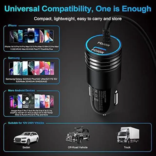 Alt view image 14 of 14 - Android USB C Samsung Super Fast Car Charger for Samsung Galaxy S23 Ultra/S23/A05S/A05/A14 5G/A54/S22/S21 fe/S20/A53 5G/A13/A03S/A32, 60W Fast Car Adapter with 30W Built-in Type C Fast Charging Cable