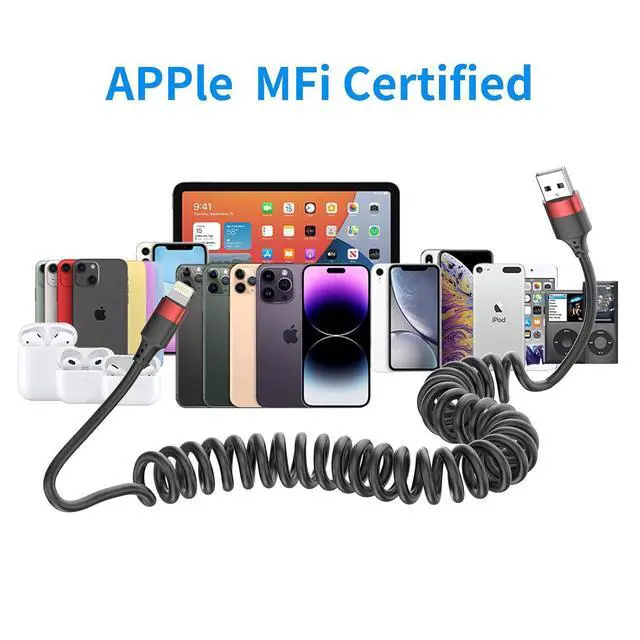 Alt view image 7 of 7 - Coiled Lightning Cable for Car 2 Pack iPhone CarPlay Cable Fast Charging Coiled USB to Lightning Cord Compatible with iPhone 14 13 12 11 Pro Max Mini XR XS 8 7 Plus SE iPad iPod