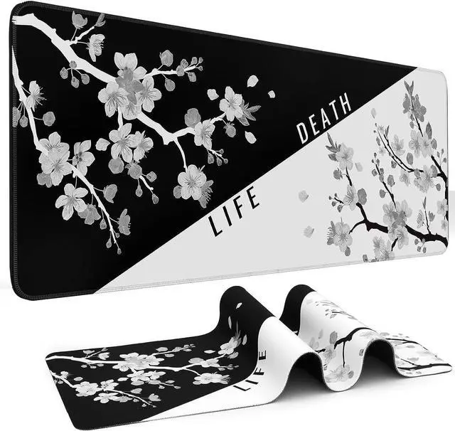 Main image of Mouse Pad Gaming Keyboard Pad 31.5 x 11.8in Black White Cherry Blossom Anime Gaming Mouse Pad for Desk with Anti-Slip Rubber Base and Stitched Edges Japanese Life Death Keyboard Mat