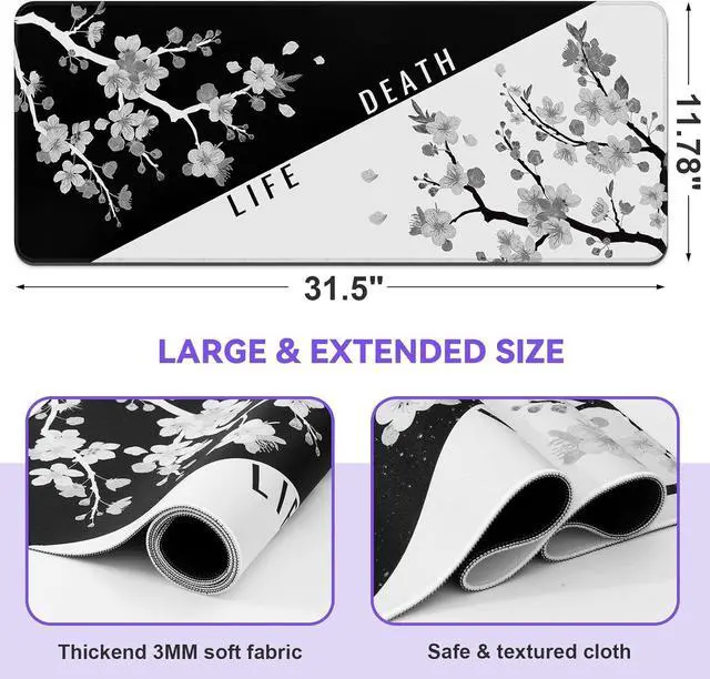 Alt view image 2 of 7 - Mouse Pad Gaming Keyboard Pad 31.5 x 11.8in Black White Cherry Blossom Anime Gaming Mouse Pad for Desk with Anti-Slip Rubber Base and Stitched Edges Japanese Life Death Keyboard Mat