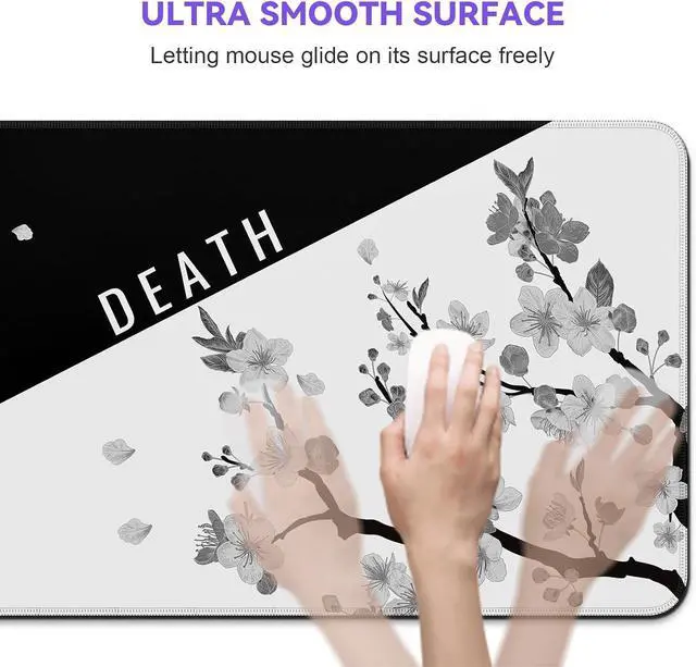 Alt view image 7 of 7 - Mouse Pad Gaming Keyboard Pad 31.5 x 11.8in Black White Cherry Blossom Anime Gaming Mouse Pad for Desk with Anti-Slip Rubber Base and Stitched Edges Japanese Life Death Keyboard Mat