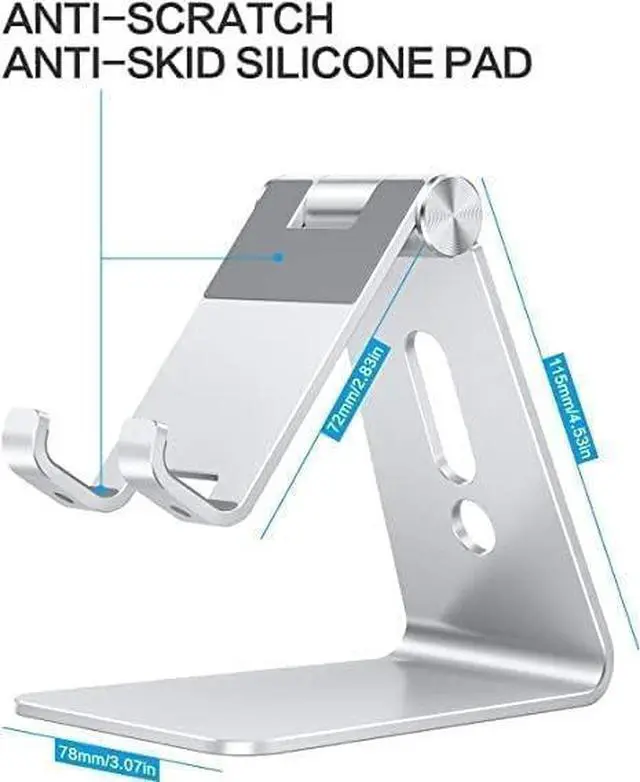 Alt view image 10 of 14 - Adjustable Cell Phone Stand Aluminum Desktop Cellphone Stand with Anti-Slip Base and Convenient Charging Port Fits All Smart Phones Silver