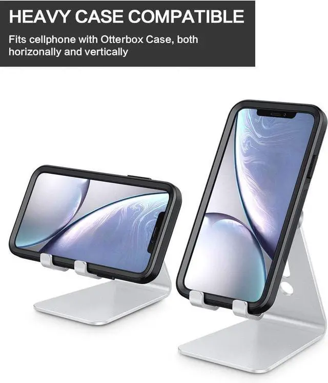 Alt view image 14 of 14 - Adjustable Cell Phone Stand Aluminum Desktop Cellphone Stand with Anti-Slip Base and Convenient Charging Port Fits All Smart Phones Silver