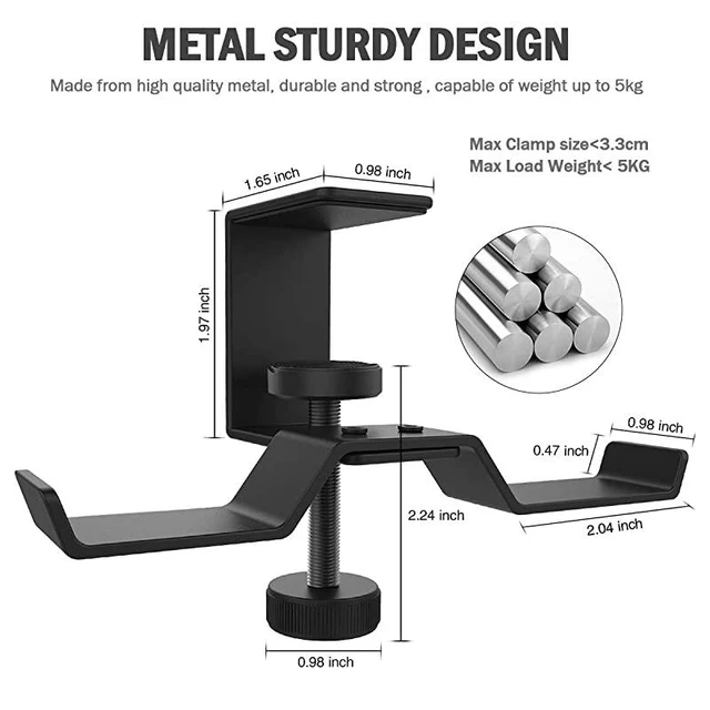 Alt view image 10 of 14 - Under Desk Dual Headphone Hanger Metal Headset Stand Gaming Earphone Holder Universal Clamp on Desk Hanger Hook for All Headsets Black Patent