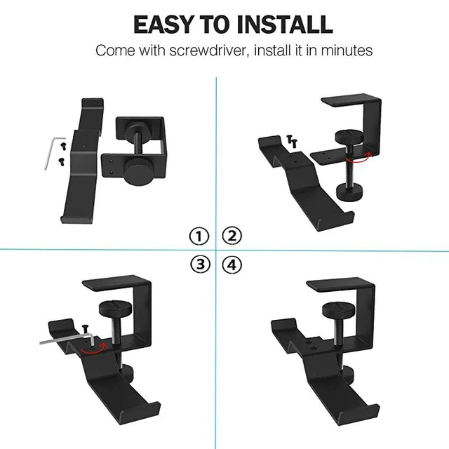 Alt view image 12 of 14 - Under Desk Dual Headphone Hanger Metal Headset Stand Gaming Earphone Holder Universal Clamp on Desk Hanger Hook for All Headsets Black Patent