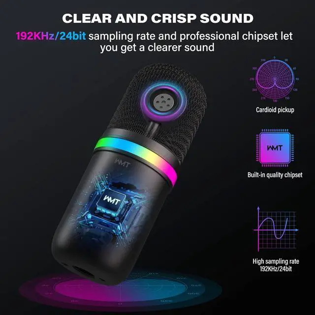 Alt view image 10 of 14 - USB Microphone - Condenser Gaming Microphone for PC/MAC/PS4/PS5/Phone- Cardioid Mic with Brilliant RGB Lighting Headphone Output Volume Control, Mute Button, for Streaming Podcast YouTube Discord