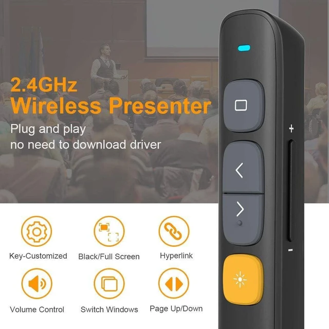 Alt view image 2 of 7 - Wireless Presenter Remote with 300ft Long Range, 2.4GHz Presentation Clicker with Red Laser Pointer, Hyperlink & Volume Control, Rechargeable Slide Advancer for PPT & Slides