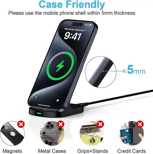 Alt view image 14 of 14 - 15W Fast Wireless Charger Phone Charging Stand for Google Pixel 9/8a/8 Pro/7a/7/6,Android Phone Wireless Charging Station Charger for Samsung Galaxy Z Fold 6/5/Z Flip 6/5/S24 Ultra/S23/S22/S21/S20/S10
