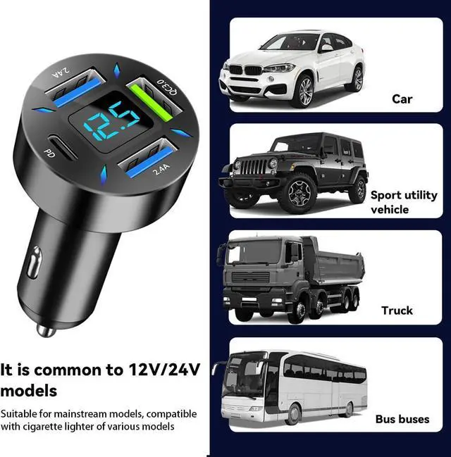 Alt view image 13 of 14 - 4 Ports USB Car Charger 66W Super Fast Charging USB QC 3.0 USB Adapter Charger with LED Voltmeter for Car Cigarette Lighter Plug Compatible with Most Cell Phone (1 PD+QC3.0+2.4A)