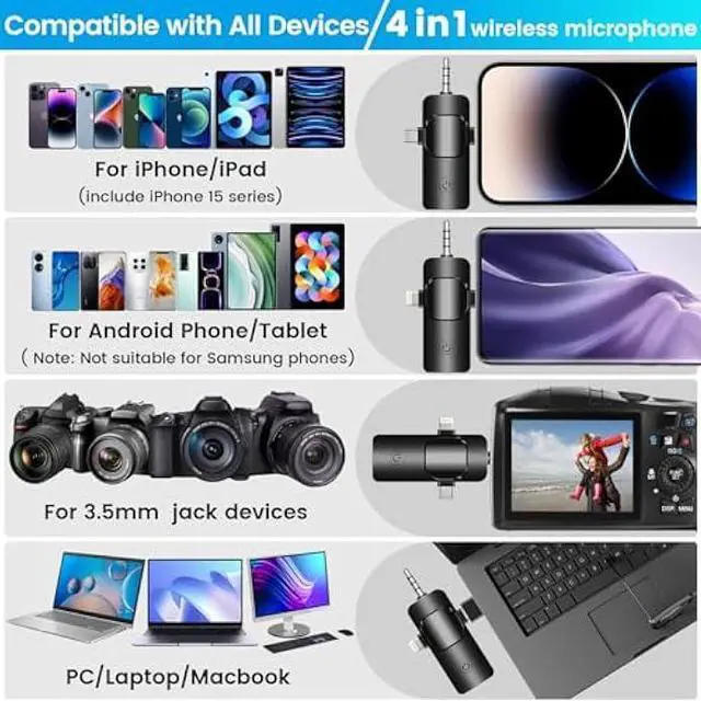 Alt view image 9 of 14 - 4 in 1 Wireless Lavalier Microphone for iPhone/USB C Android/Camera/Laptop PC,Mini Microphone 2.4G Ultra-Low Delay with Noise Reduction Cordless Lapel Mics for Video Recording, Vlog, YouTube, TikTok