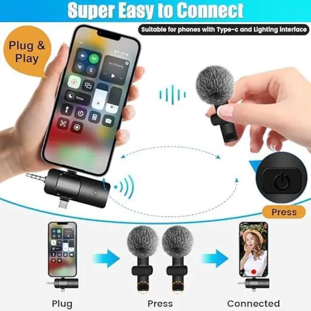 Alt view image 11 of 14 - 4 in 1 Wireless Lavalier Microphone for iPhone/USB C Android/Camera/Laptop PC,Mini Microphone 2.4G Ultra-Low Delay with Noise Reduction Cordless Lapel Mics for Video Recording, Vlog, YouTube, TikTok