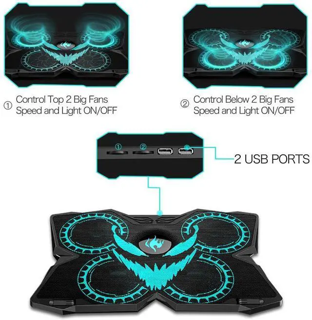 Alt view image 9 of 14 - Laptop Cooling Pad, Gaming Laptop Cooler Stand with 4 Silent Big Fans for Notebook, Stable Cooling Pad for Laptop, 2 USB Powered Fan Compatible up to 17”, Control Fan Speed for PC, 2020 New Version