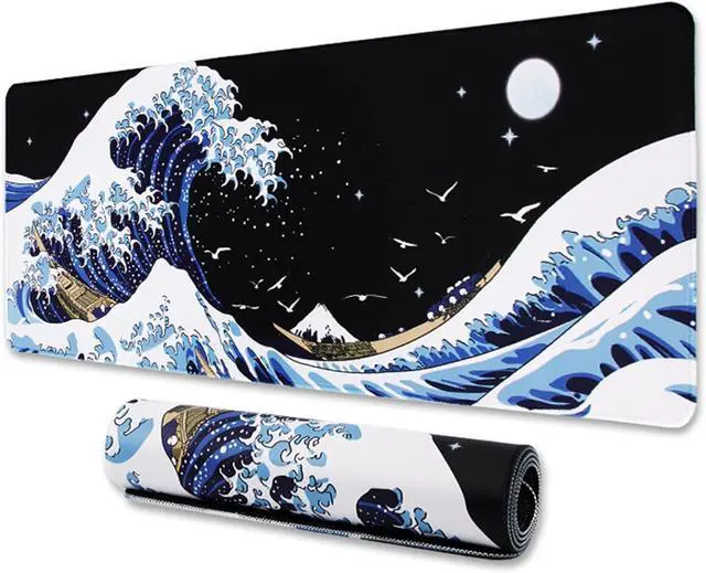 Alt view image 8 of 14 - Gaming Laptop Mouse Pad Sea Wave Big Mice Pads PC Keyboard Waterproof and Non-Slip 31.5 x 11.8inches 3mm Thick XL XXL Rubber Table Mat Kanagawa Surfing and Black Japanese Mouse Pads