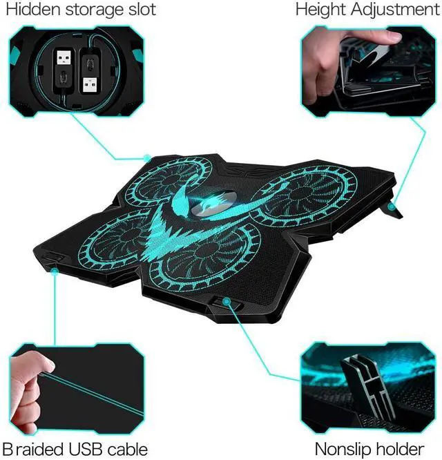Alt view image 12 of 14 - Laptop Cooling Pad, Gaming Laptop Cooler Stand with 4 Silent Big Fans for Notebook, Stable Cooling Pad for Laptop, 2 USB Powered Fan Compatible up to 17”, Control Fan Speed for PC, 2020 New Version