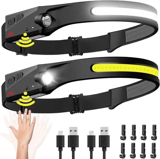 Alt view image 8 of 14 - Headlamp Rechargeable 2PCS 230 Wide Beam Head Lamp LED with Motion Sensor for Adults - Camping Accessories Gear Waterproof Head Light Flashlight for Hiking Running Repairing Fishing Cycling