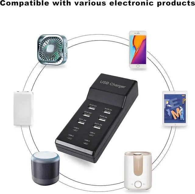 Alt view image 13 of 15 - USB Charger,5V 10A(50W) USB Charging Station with 10-Port (6 USB-A Port & 4 USB-C Port) Compatible with iPhone 15/14/13/12/11/X/8/7/6 Phones, Watch,Tablets, Smartphones Black
