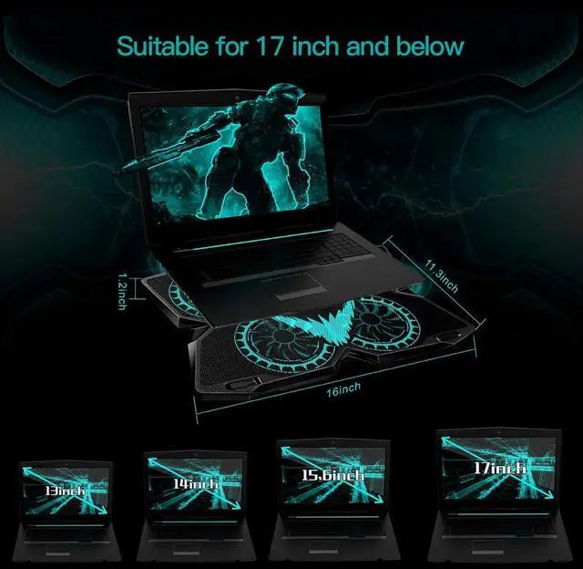 Alt view image 14 of 14 - Laptop Cooling Pad, Gaming Laptop Cooler Stand with 4 Silent Big Fans for Notebook, Stable Cooling Pad for Laptop, 2 USB Powered Fan Compatible up to 17”, Control Fan Speed for PC, 2020 New Version