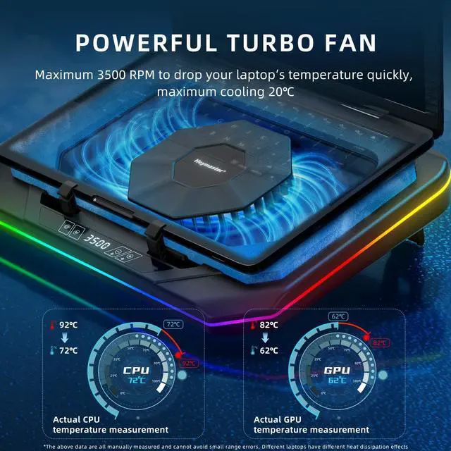Alt view image 7 of 10 - Laptop Cooling Pad, Gaming Laptop Cooler with RGB Light, Laptop Cooling Stand with 3500 RPM Adjustable Speed Fan, 3 Port USB Hub, LED Screen and Touch Control for 12-19 Inches Laptops