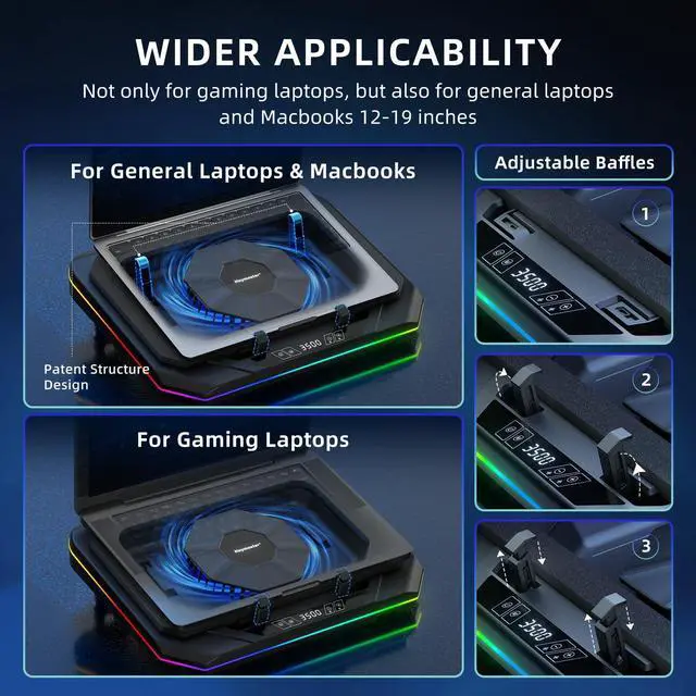 Alt view image 8 of 10 - Laptop Cooling Pad, Gaming Laptop Cooler with RGB Light, Laptop Cooling Stand with 3500 RPM Adjustable Speed Fan, 3 Port USB Hub, LED Screen and Touch Control for 12-19 Inches Laptops