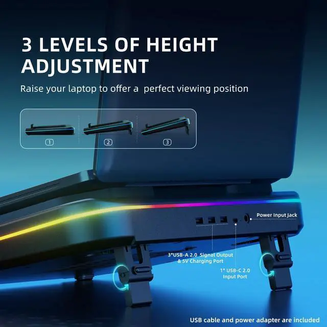 Alt view image 10 of 10 - Laptop Cooling Pad, Gaming Laptop Cooler with RGB Light, Laptop Cooling Stand with 3500 RPM Adjustable Speed Fan, 3 Port USB Hub, LED Screen and Touch Control for 12-19 Inches Laptops