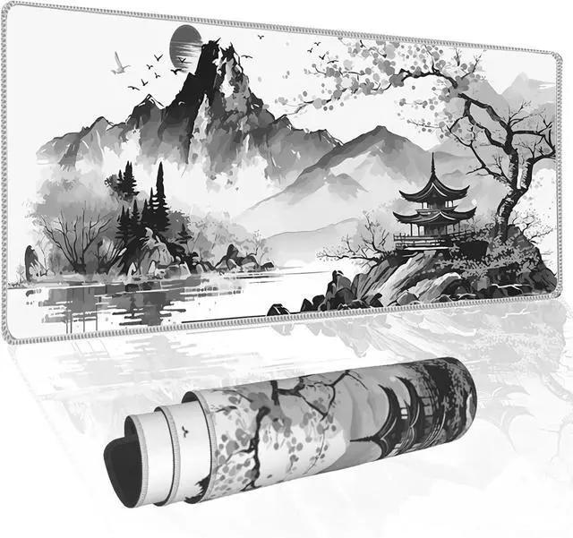 Alt view image 8 of 14 - Black and White Japanese Watercolor Cherry Blossom Sakura Gaming Mouse Pad XL Extended Keyboard Mouse Mat Desk Pad with Non-Slip Rubber Base Stitched Edges for Office Home Game 31.5 X 11.8 Inch