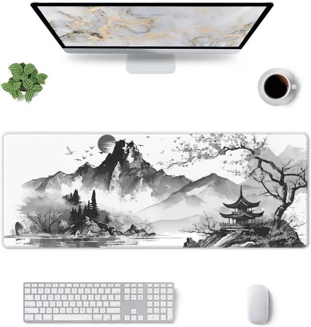 Alt view image 9 of 14 - Black and White Japanese Watercolor Cherry Blossom Sakura Gaming Mouse Pad XL Extended Keyboard Mouse Mat Desk Pad with Non-Slip Rubber Base Stitched Edges for Office Home Game 31.5 X 11.8 Inch