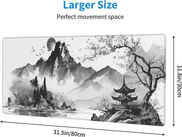 Alt view image 10 of 14 - Black and White Japanese Watercolor Cherry Blossom Sakura Gaming Mouse Pad XL Extended Keyboard Mouse Mat Desk Pad with Non-Slip Rubber Base Stitched Edges for Office Home Game 31.5 X 11.8 Inch